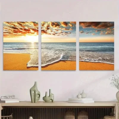 3pcs Beach Sunset Vibrant Sunset Painting Wall Art Set Canvas Framed 50x70cm - High Quality Print 100% Australian Made Wall Canvas Ready to Hang