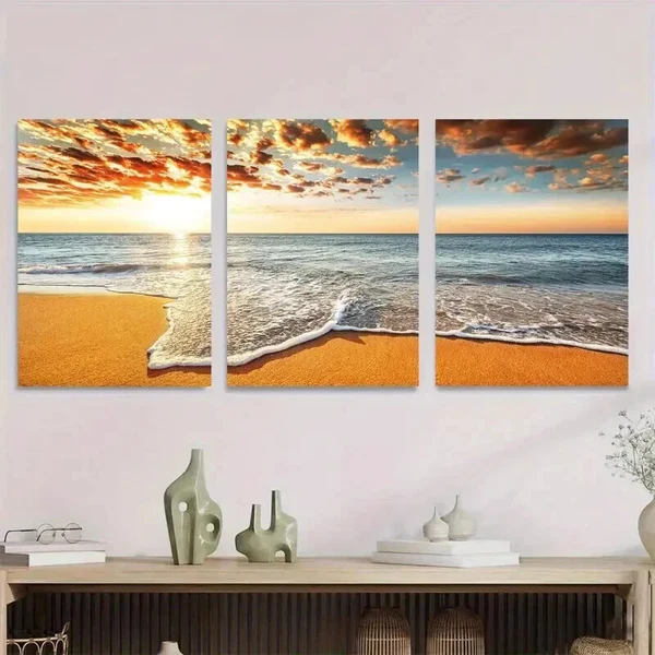 3pcs Beach Sunset Vibrant Sunset Painting Wall Art Set Canvas Framed 50x70cm – High Quality Print 100% Australian Made Wall Canvas Ready to Hang