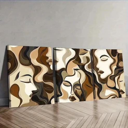 3pcs Brown and beige faces Wall Art Set Canvas Framed 50x70cm – High Quality Print 100% Australian Made Wall Canvas Ready to Hang