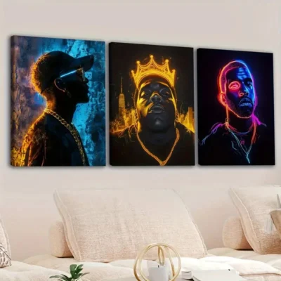 3pcs Neon Styled Rappers Painting Decoration Wall Art Set Canvas Framed 40x60cm - High Quality Print 100% Australian Made Wall Canvas Ready to Hang