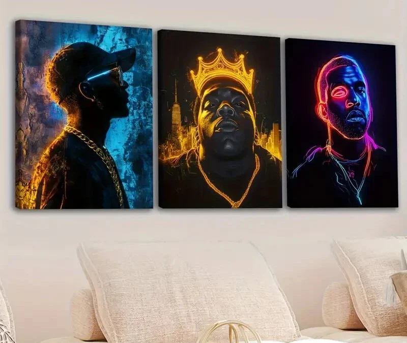 3pcs Neon Styled Rappers Painting Decoration Wall Art Set Canvas Framed 40x60cm – High Quality Print 100% Australian Made Wall Canvas Ready to Hang