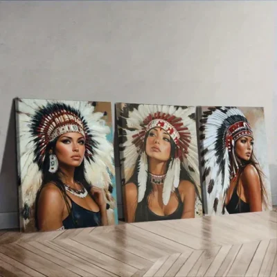 3pcs Indian girls wear feathered headdresses Wall Art Set Canvas Framed 40x60cm - High Quality Print 100% Australian Made Wall Canvas Ready to Hang