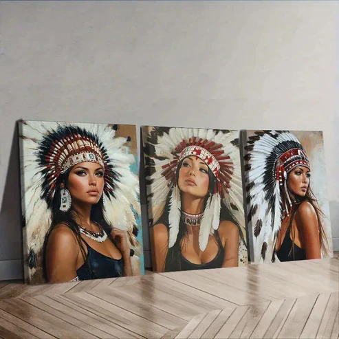 3pcs Indian girls wear feathered headdresses Wall Art Set Canvas Framed 40x60cm – High Quality Print 100% Australian Made Wall Canvas Ready to Hang