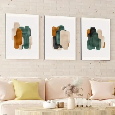 3pcs Abstract Geometric Brush Stroke Gold & Blue Wall Art Set Canvas Framed 40x60cm - High Quality Print 100% Australian Made Wall Canvas Ready to Hang