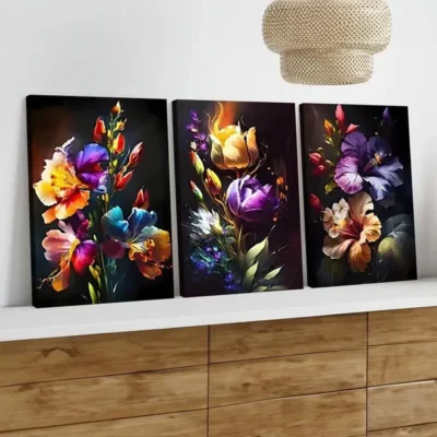 3pcs Colorful Floral Art Elegant Artistic Wall Art Set Canvas Framed 50x70cm - High Quality Print 100% Australian Made Wall Canvas Ready to Hang