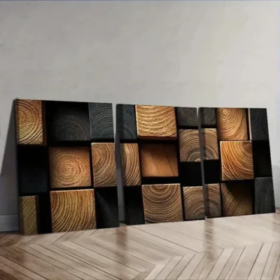 3pcs Featuring Dark Textured Wooden Blocks Wall Art Set Canvas Framed 50x70cm - High Quality Print 100% Australian Made Wall Canvas Ready to Hang
