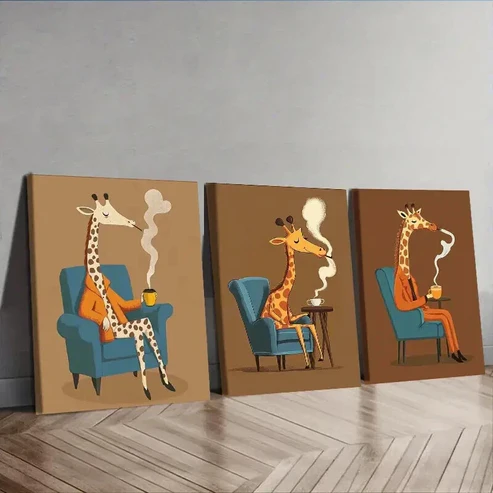 3pcs The giraffe is on the chair Wall Art Set Canvas Framed 50x70cm – High Quality Print 100% Australian Made Wall Canvas Ready to Hang