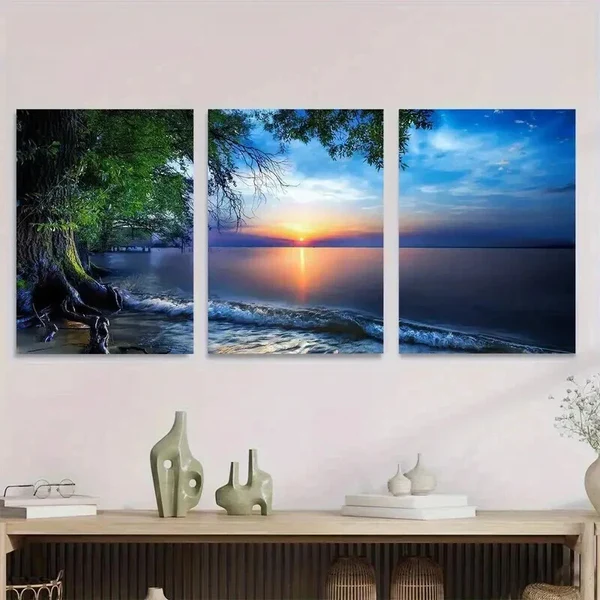 3pcs Sunset Beach Scene with Palm Tree Ocean Wall Art Set Canvas Framed 40x60cm – High Quality Print 100% Australian Made Wall Canvas Ready to Hang