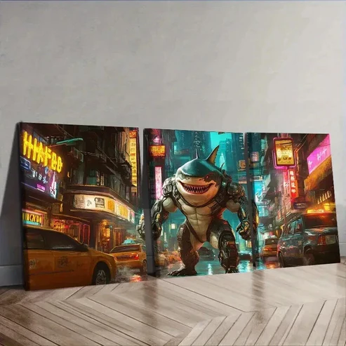 3pcs Shark Warrior Wall Art Set Canvas Framed 50x70cm – High Quality Print 100% Australian Made Wall Canvas Ready to Hang