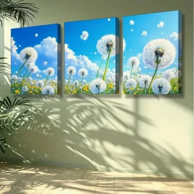 3pcs White dandelion Painting Wall Art Set Canvas Framed 50x70cm - High Quality Print 100% Australian Made Wall Canvas Ready to Hang