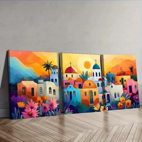 3pcs s Greek island style town Wall Art Set Canvas Framed 40x60cm – High Quality Print 100% Australian Made Wall Canvas Ready to Hang