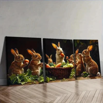 3pcs Rabbit farm Animals Wall Art Set Canvas Framed 50x70cm - High Quality Print 100% Australian Made Wall Canvas Ready to Hang