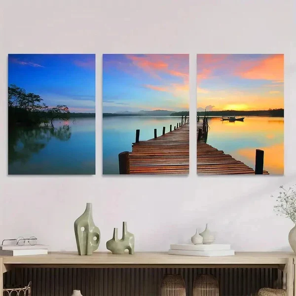 3pcs Tranquil Lake & Sunset Scene Vibrant Wall Art Set Canvas Framed 40x60cm – High Quality Print 100% Australian Made Wall Canvas Ready to Hang