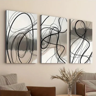 3pcs Black Swirls Gray Elegant Black Lines White Wall Art Set Canvas Framed 50x70cm - High Quality Print 100% Australian Made Wall Canvas Ready to Hang