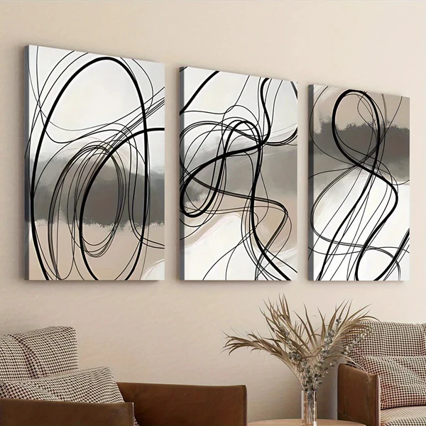 3pcs Black Swirls Gray Elegant Black Lines White Wall Art Set Canvas Framed 50x70cm – High Quality Print 100% Australian Made Wall Canvas Ready to Hang