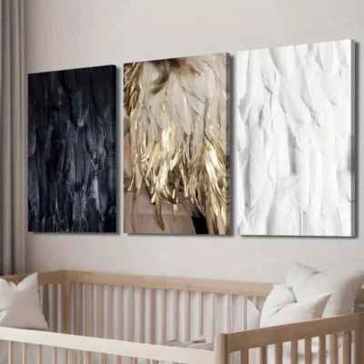 3pcs Black White and Golden Feathers Decor Wall Art Set Canvas Framed 50x70cm - High Quality Print 100% Australian Made Wall Canvas Ready to Hang