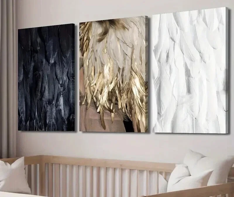 3pcs Black White and Golden Feathers Decor Wall Art Set Canvas Framed 50x70cm – High Quality Print 100% Australian Made Wall Canvas Ready to Hang