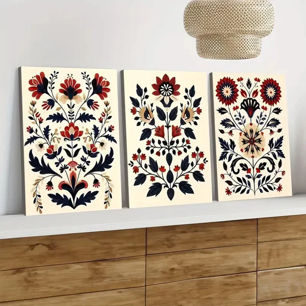 3pcs Red Flowers Nordic Style Scandian Folk Art Wall Art Set Canvas Framed 40x60cm – High Quality Print 100% Australian Made Wall Canvas Ready to Hang