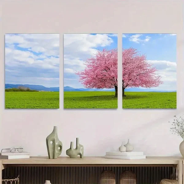 3pcs Cherry Blossom Tree Pink Green Wall Art Set Canvas Framed 50x70cm – High Quality Print 100% Australian Made Wall Canvas Ready to Hang