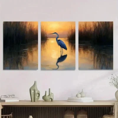 3pcs Blue Heron Sunset Paintings Wall Art Set Canvas Framed 50x70cm - High Quality Print 100% Australian Made Wall Canvas Ready to Hang