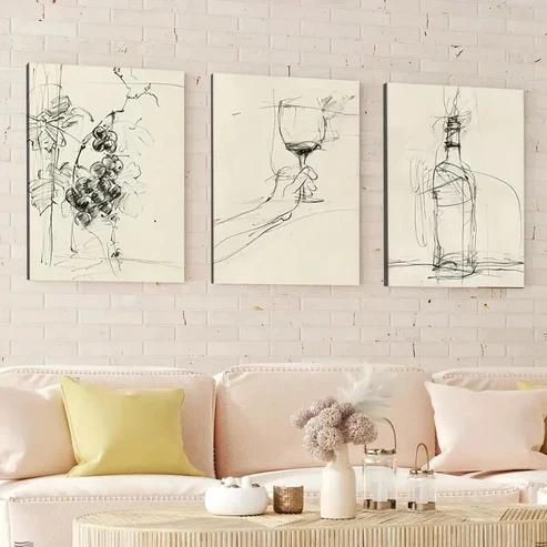 3pcs Vineyard Style Bottle Vintage Abstract Wall Art Set Canvas Framed 40x60cm – High Quality Print 100% Australian Made Wall Canvas Ready to Hang
