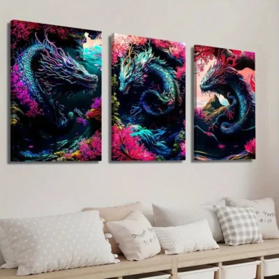 3pcs Fantasy Animal Dragon Illustration Wall Art Set Canvas Framed 40x60cm - High Quality Print 100% Australian Made Wall Canvas Ready to Hang