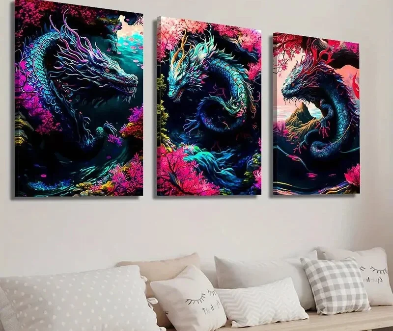 3pcs Fantasy Animal Dragon Illustration Wall Art Set Canvas Framed 40x60cm – High Quality Print 100% Australian Made Wall Canvas Ready to Hang