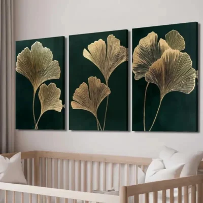 3pcs Emerald Green Golden Ginkgo Leaf Wall Art Set Canvas Framed 40x60cm - High Quality Print 100% Australian Made Wall Canvas Ready to Hang