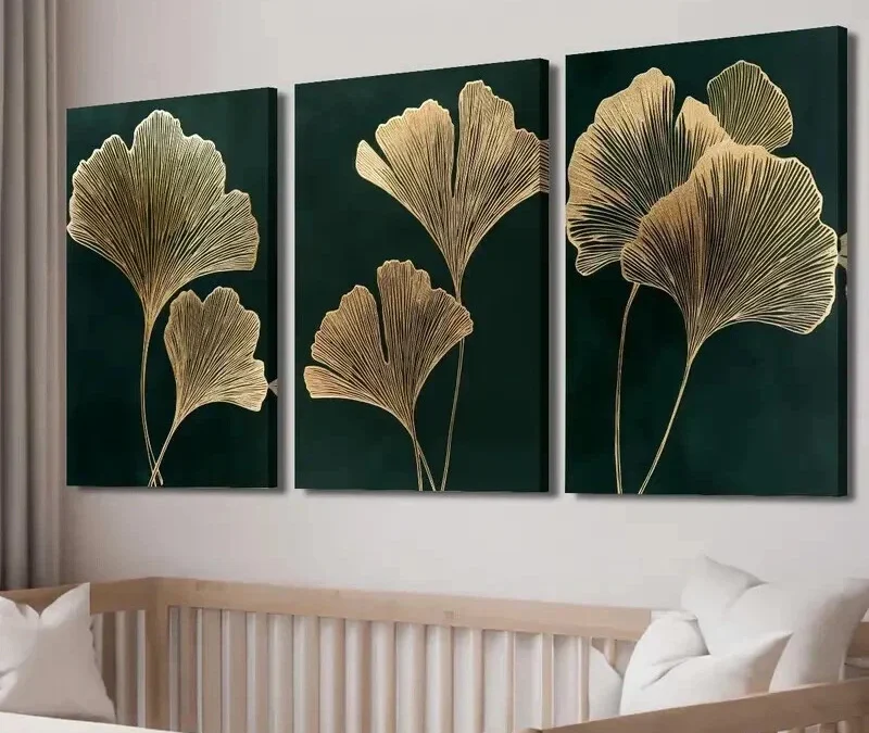 3pcs Emerald Green Golden Ginkgo Leaf Wall Art Set Canvas Framed 40x60cm – High Quality Print 100% Australian Made Wall Canvas Ready to Hang