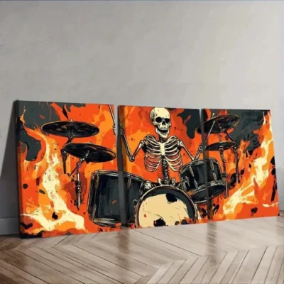 3pcs Skeletons play drums Wall Art Set Canvas Framed 50x70cm - High Quality Print 100% Australian Made Wall Canvas Ready to Hang