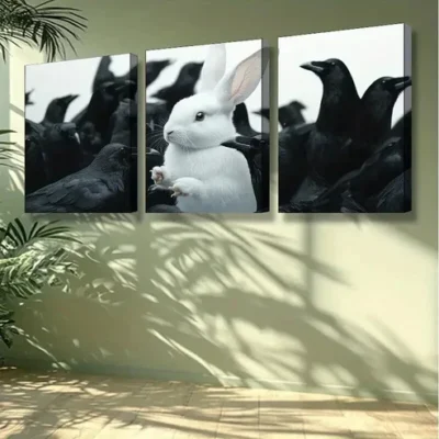 3pcs White rabbit, crow Animal Wall Art Set Canvas Framed 50x70cm - High Quality Print 100% Australian Made Wall Canvas Ready to Hang