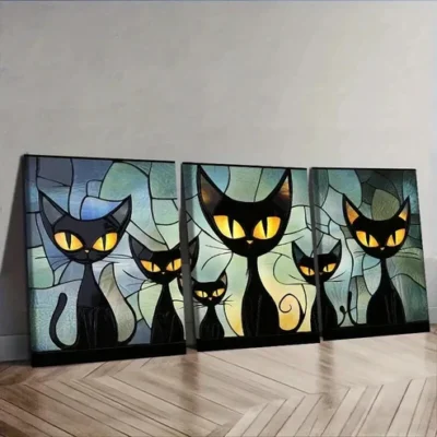 3pcs Featuring a Family of Black Cats Wall Art Set Canvas Framed 50x70cm - High Quality Print 100% Australian Made Wall Canvas Ready to Hang