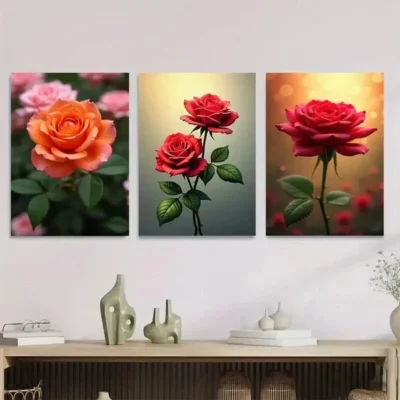 3pcs Vibrant Pink, Orange & Red Roses Green Wall Art Set Canvas Framed 50x70cm - High Quality Print 100% Australian Made Wall Canvas Ready to Hang