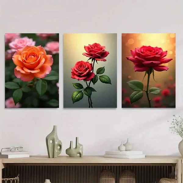 3pcs Vibrant Pink, Orange & Red Roses Green Wall Art Set Canvas Framed 50x70cm – High Quality Print 100% Australian Made Wall Canvas Ready to Hang