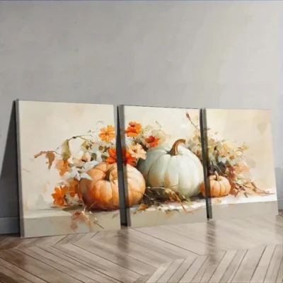 3pcs Paintings of pumpkins and flowers Wall Art Set Canvas Framed 50x70cm - High Quality Print 100% Australian Made Wall Canvas Ready to Hang