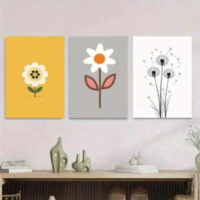 3pcs Modern Floral Minimalist Flower Yellow Wall Art Set Canvas Framed 50x70cm - High Quality Print 100% Australian Made Wall Canvas Ready to Hang