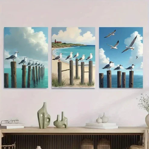 3pcs Modern Classic Beach Scene With Lighthouse Wall Art Set Canvas Framed 50x70cm – High Quality Print 100% Australian Made Wall Canvas Ready to Hang