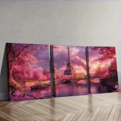 3pcs Cherry Blossoms at Eiffel Tower Wall Art Set Canvas Framed 50x70cm - High Quality Print 100% Australian Made Wall Canvas Ready to Hang