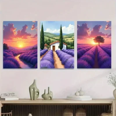 3pcs Beautiful Lavender Field Sunset House Wall Art Set Canvas Framed 50x70cm - High Quality Print 100% Australian Made Wall Canvas Ready to Hang