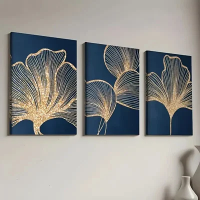 3pcs Elegant Golden Ginkgo Leaf on Navy Blue Wall Art Set Canvas Framed 40x60cm - High Quality Print 100% Australian Made Wall Canvas Ready to Hang