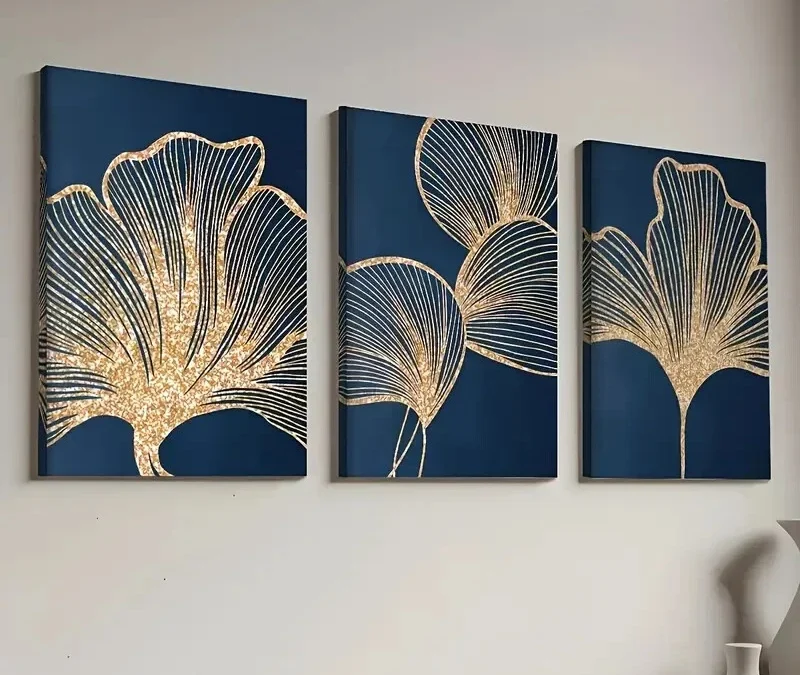3pcs Elegant Golden Ginkgo Leaf on Navy Blue Wall Art Set Canvas Framed 40x60cm – High Quality Print 100% Australian Made Wall Canvas Ready to Hang