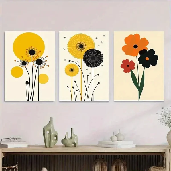 3pcs Modern Floral Vibrant Yellow, Orange & Red Wall Art Set Canvas Framed 40x60cm – High Quality Print 100% Australian Made Wall Canvas Ready to Hang