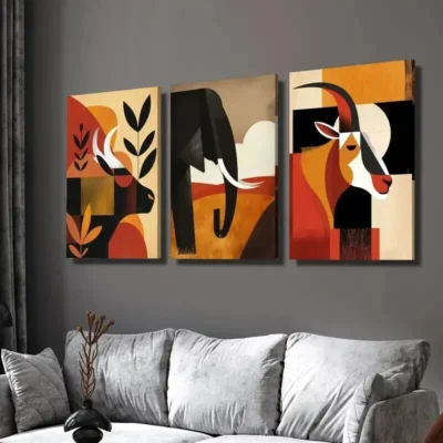 3pcs Cattle Goat & Elephant Geometric Design Wall Art Set Canvas Framed 40x60cm - High Quality Print 100% Australian Made Wall Canvas Ready to Hang