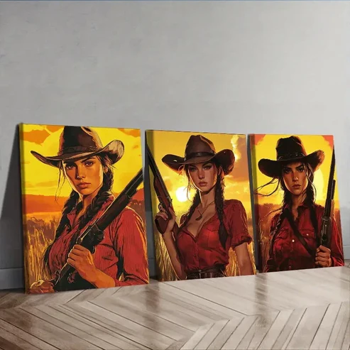 3pcs Woman in red Shirt Wall Art Set Canvas Framed 50x70cm – High Quality Print 100% Australian Made Wall Canvas Ready to Hang
