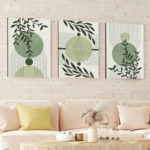 3pcs Abstract Mid Century Boho Geometric Leaves Wall Art Set Canvas Framed 40x60cm – High Quality Print 100% Australian Made Wall Canvas Ready to Hang