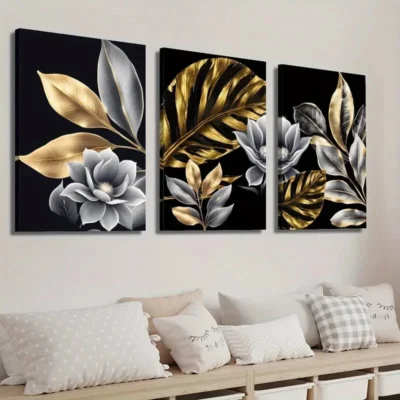3pcs Golden Plant Leaves Floral Wall Art Set Canvas Framed 40x60cm - High Quality Print 100% Australian Made Wall Canvas Ready to Hang