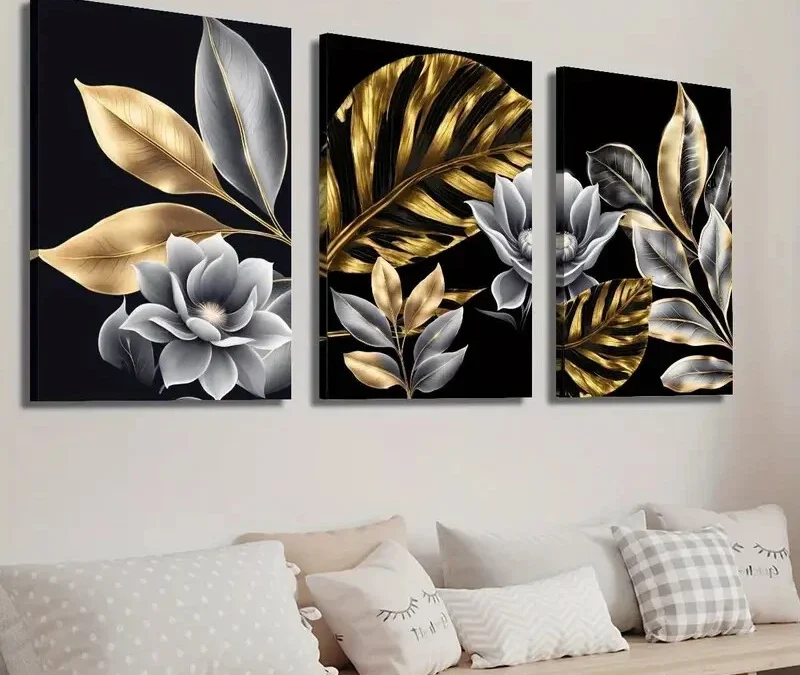 3pcs Golden Plant Leaves Floral Wall Art Set Canvas Framed 40x60cm – High Quality Print 100% Australian Made Wall Canvas Ready to Hang