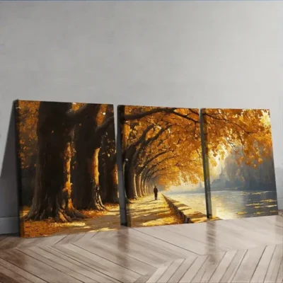 3pcs Golden autumn trees along the river Wall Art Set Canvas Framed 50x70cm - High Quality Print 100% Australian Made Wall Canvas Ready to Hang
