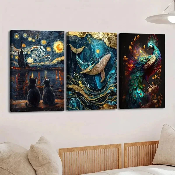 3pcs Vibrant Animal Moon Cat Scene Peacock Fish Wall Art Set Canvas Framed 50x70cm – High Quality Print 100% Australian Made Wall Canvas Ready to Hang