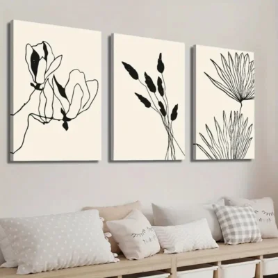 3pcs Abstract Beige and Black Botanical Floral Wall Art Set Canvas Framed 40x60cm - High Quality Print 100% Australian Made Wall Canvas Ready to Hang